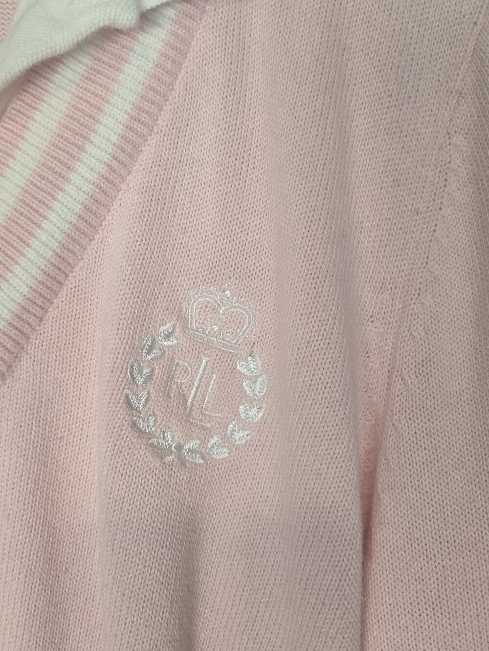 Ralph Lauren Logo Preppy 100% Cotton Pink Collared V-Neck Sweater Size Large - Picture 2 of 4